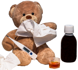 Teddy Bear with thermometer and medicine
